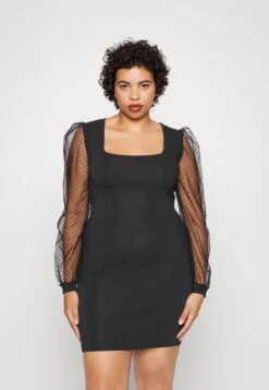 Bodycon Sleeves Low Neck Mini Dress- Gebreide Jurk - Black